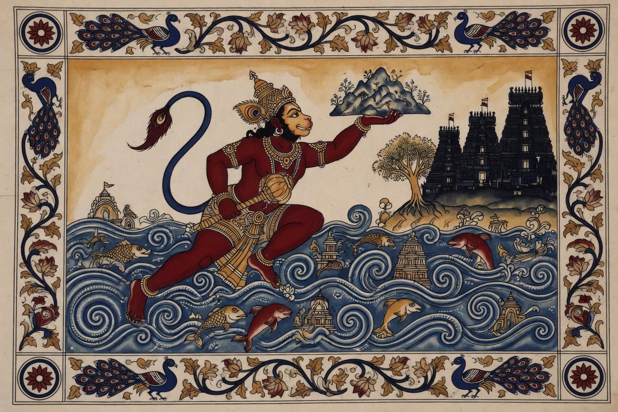Ocean leap in Kalamkari folk style