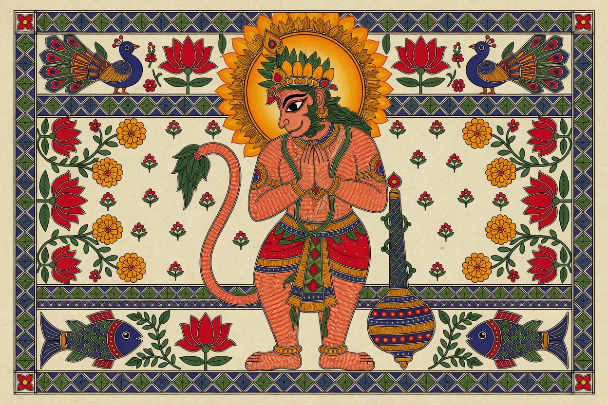 Hanuman in Madhubani folk style